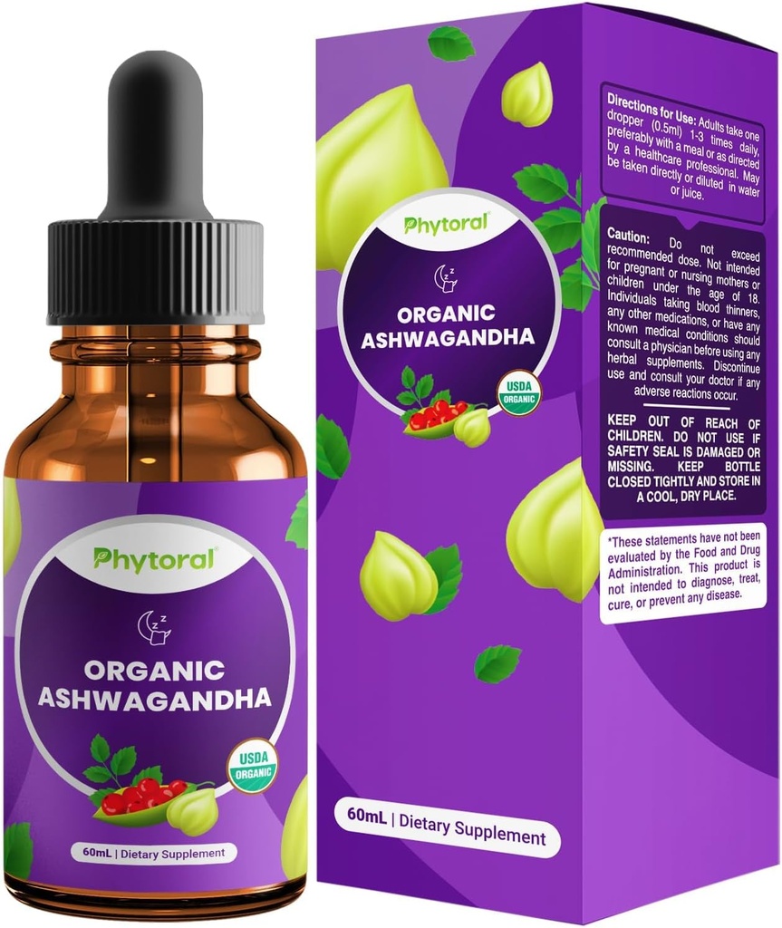 Pertes de liquide d'Ashwagandha biologique pour adultes - Extrait de racine liquide d'Ashwagandha pour l'énergie et le soutien de l'humeur - Teinture Vegan non-OGM sans gluten et sans alcool (120 portions)