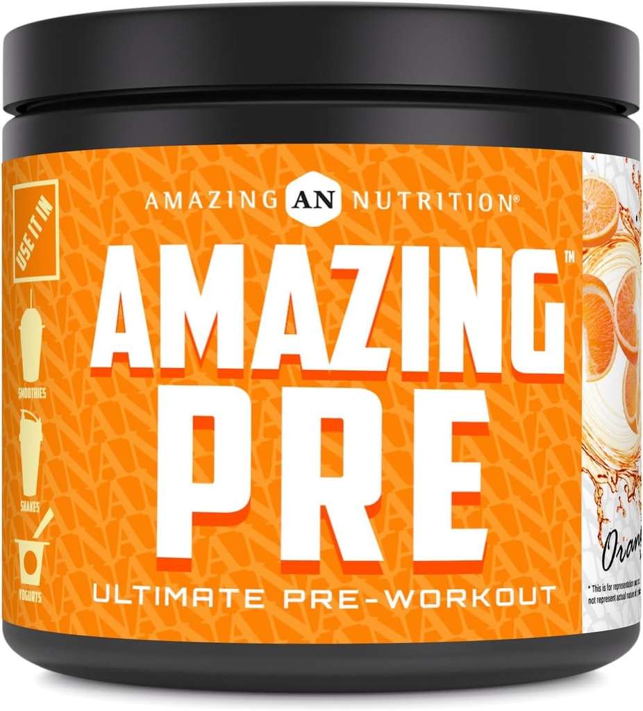 Amazing Nutrition Amazing PRE | Ultimate Pre-Workout Supplement | 30 Servings Powder | 2.5 Grams BCAA Per Serving (30 Servings, Natural Orange)