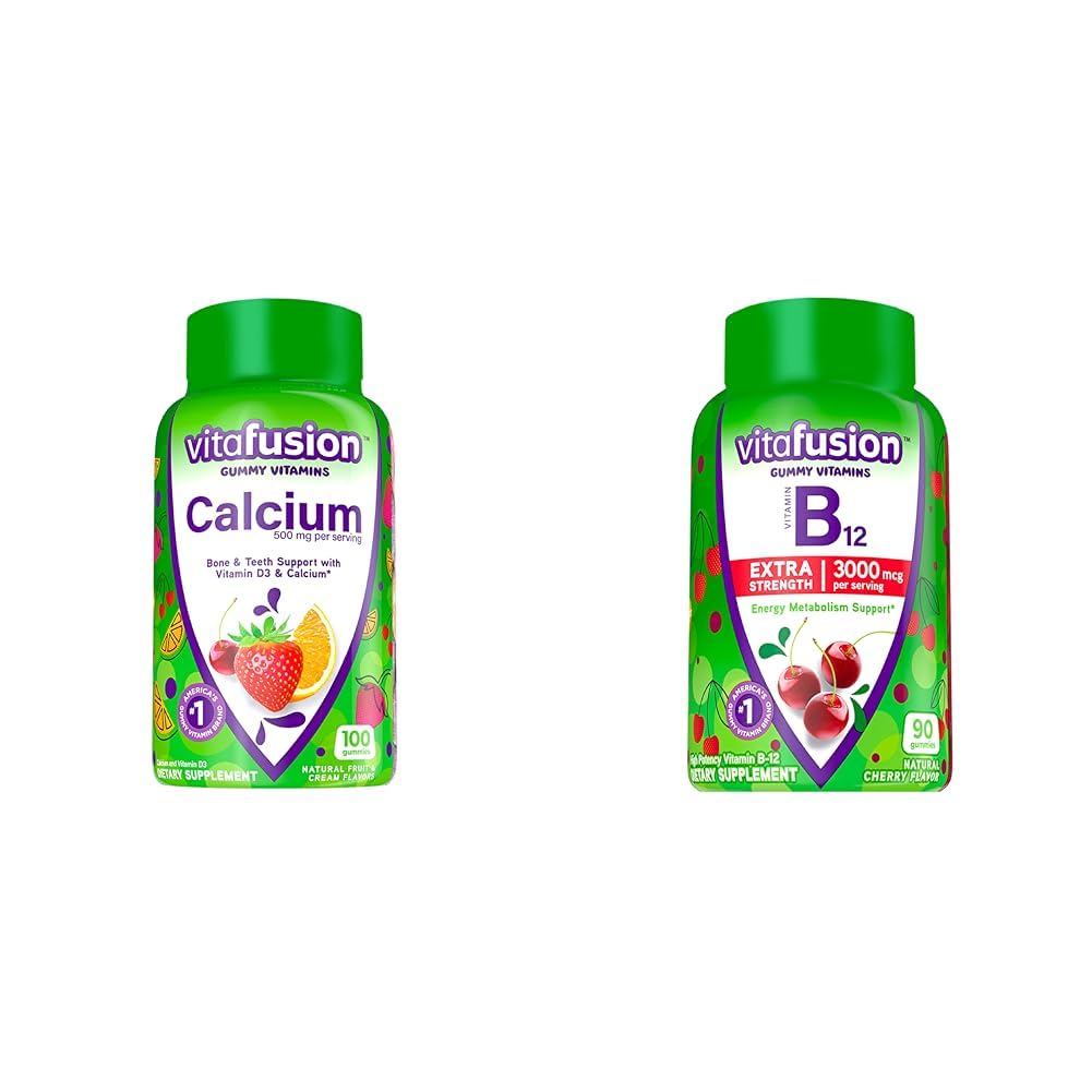 Vitafusion Vitamines gommy calcium à croquer pour les os et les dents Soutien et vitamine B12 Gummy Vitamines pour le métabolisme énergétique et le système nerveux Soutien de la santé