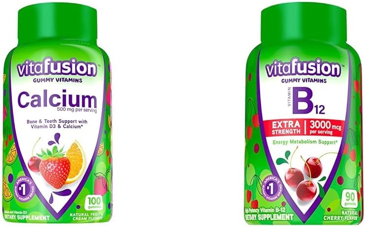 Vitafusion Vitamines gommy calcium à croquer pour les os et les dents Soutien et vitamine B12 Gummy Vitamines pour le métabolisme énergétique et le système nerveux Soutien de la santé