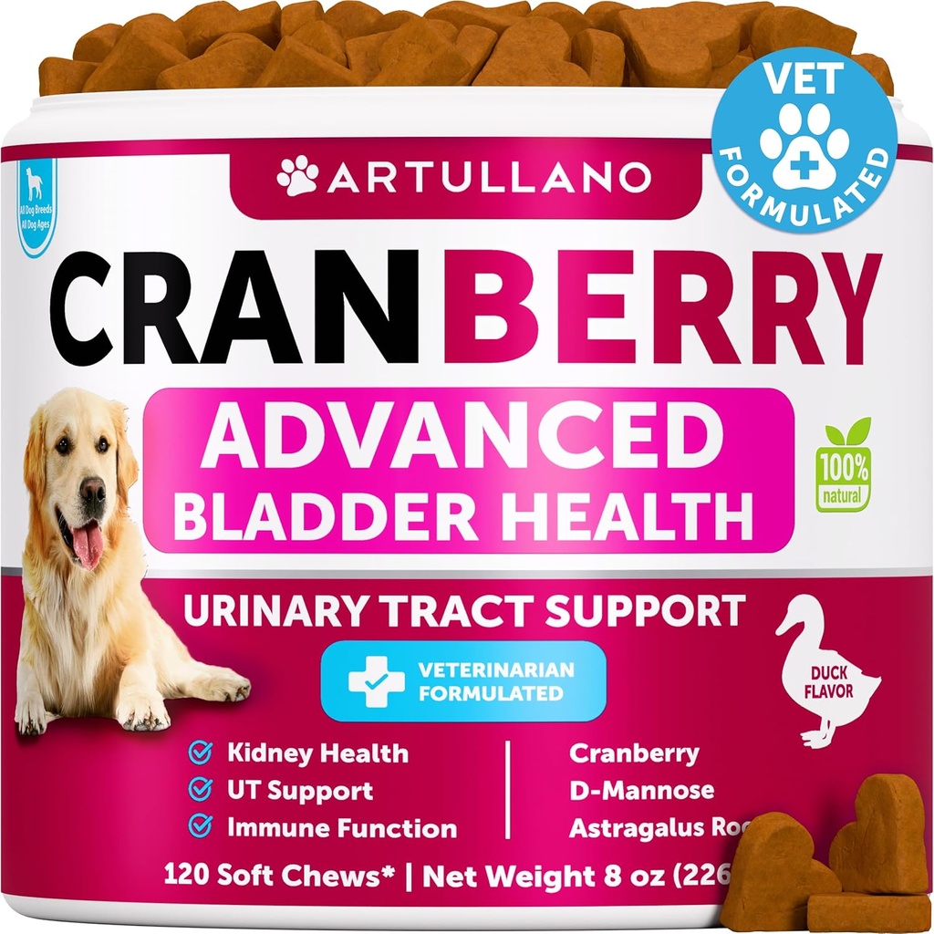 Traitement de l'ITU pour chien - Supplément de canneberge et contrôle de la vésicule pour chiens - Pilule d'incontinence urinaire, pierres de vésicule - traités de médecine de l'ITU - 120 chews doux pour le soutien du rein avec l'huile de poisson