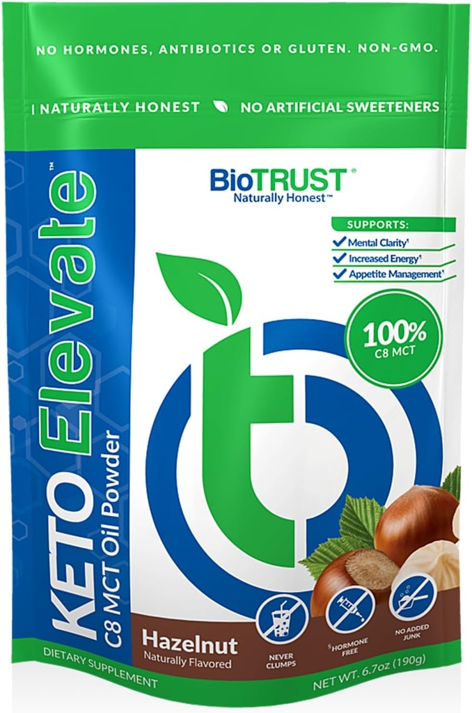 BioTrust Keto Elevate – C8 MCT Oil Powder – Ketogène MCT Coffee Creamer, Keto Coffee Creamer – Clean Energy, Mental Focus & Clarity – 100% Caprylic Acid MCT Powder, Non-OGM (Hazelnut, 20 portions)