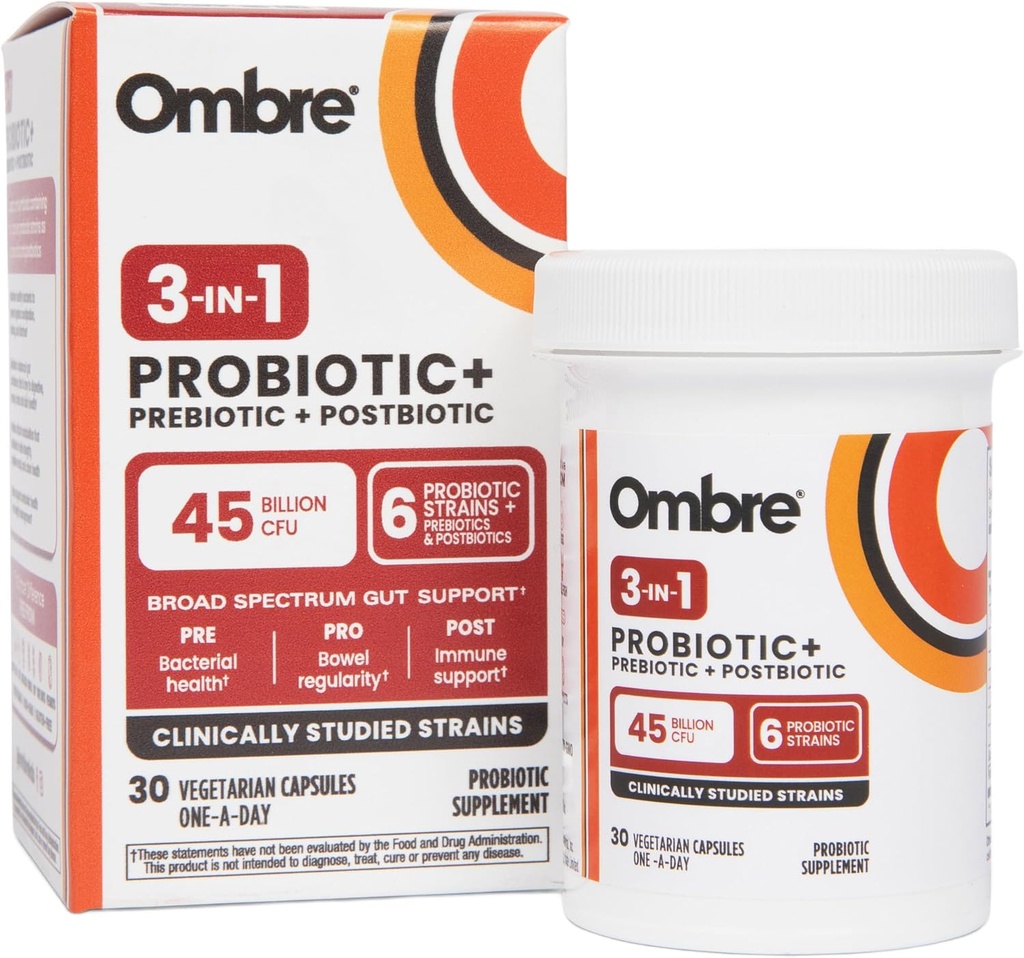 Ombre 3-en-1 Probiotique, prébiotique et postbiotique pour la santé digestive et la santé gorgée - 45 milliards CFU - Bloating, Constipation & Gas Relief - Soutien métabolique et immunitaire pour les femmes et les hommes, 30 jours