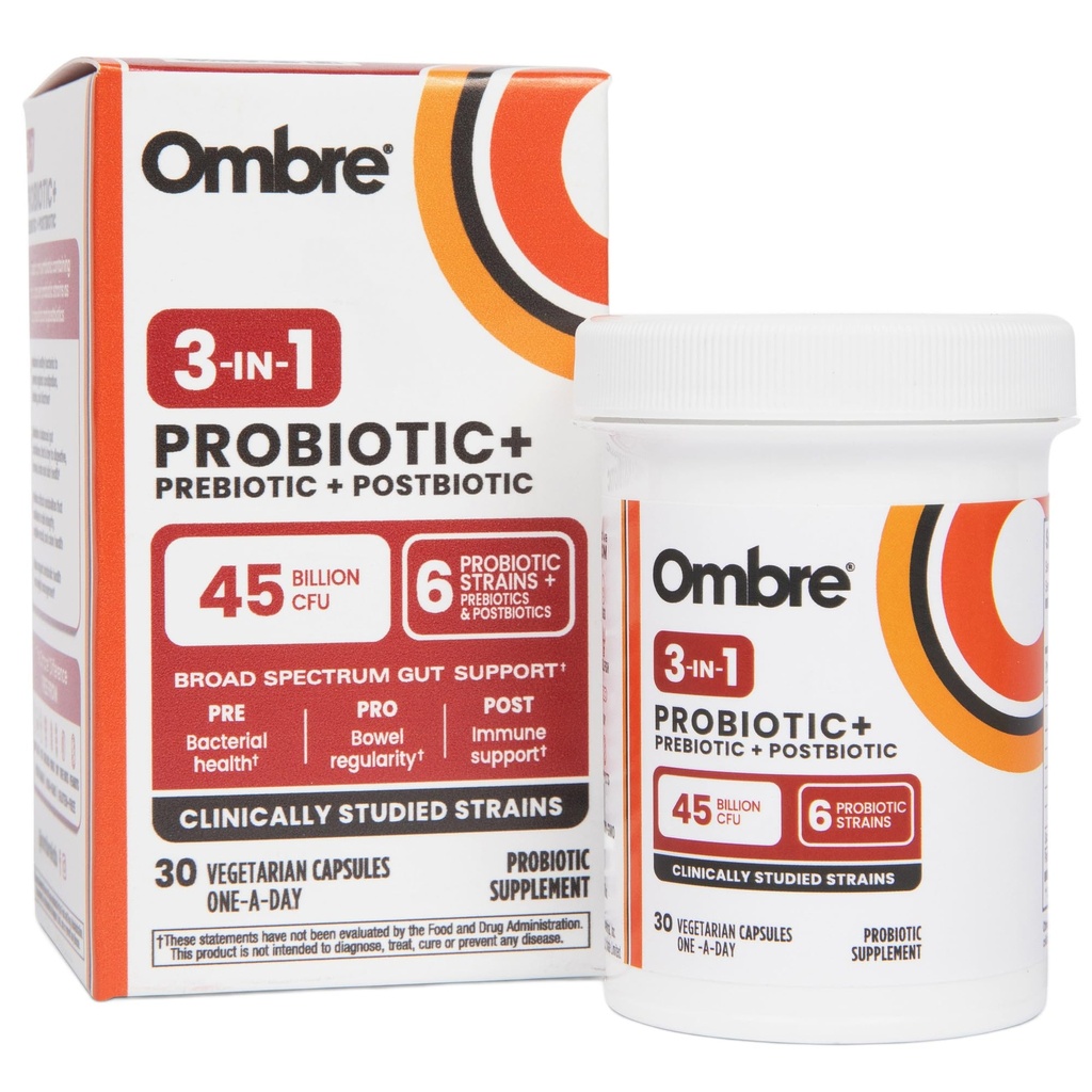 Ombre 3-en-1 Probiotique, prébiotique et postbiotique pour la santé digestive et la santé gorgée - 45 milliards CFU - Bloating, Constipation & Gas Relief - Soutien métabolique et immunitaire pour les femmes et les hommes, 30 jours