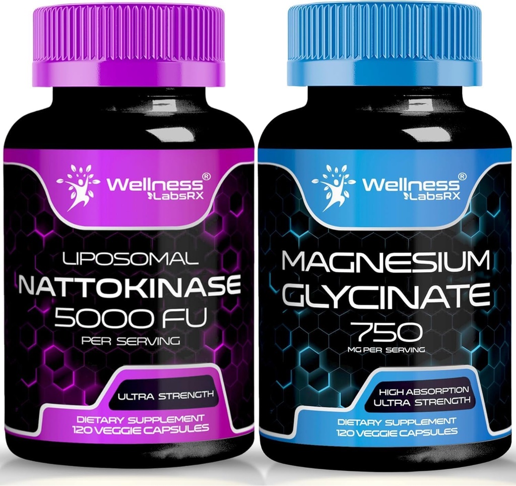 WELLNESS LABSRX Nattokinase Supplement Capsules - 5000 FU - Glycinate de magnésium Capsules 750 MG