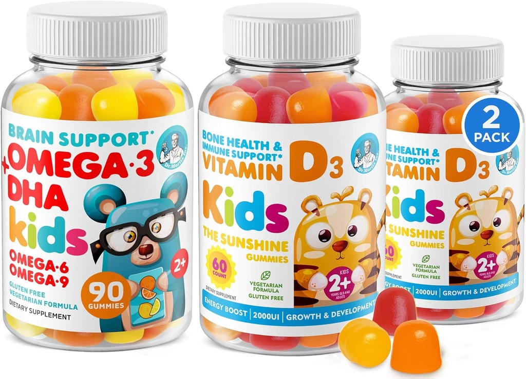 Omega 3 Gummées DHA et Gummées Vitamine D pour les enfants et les adultes - Pas d'huile de poisson et sans gluten Immune Santé à base de fibre de vie