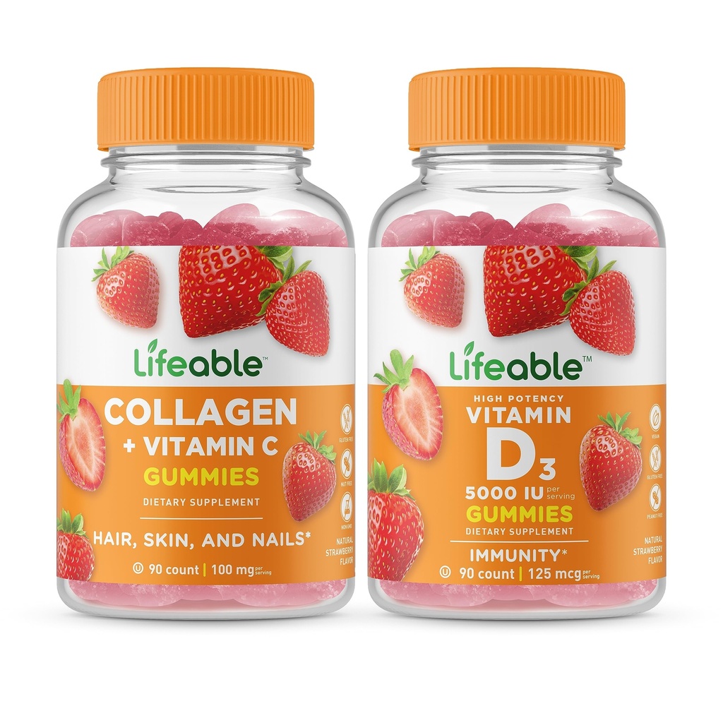 Collagène et vitamine C à vie + Vitamine D 5000 UI, Gummies Bundle - Grande dégustation, supplément de vitamine, sans gluten, sans OGM, gummy à croquer