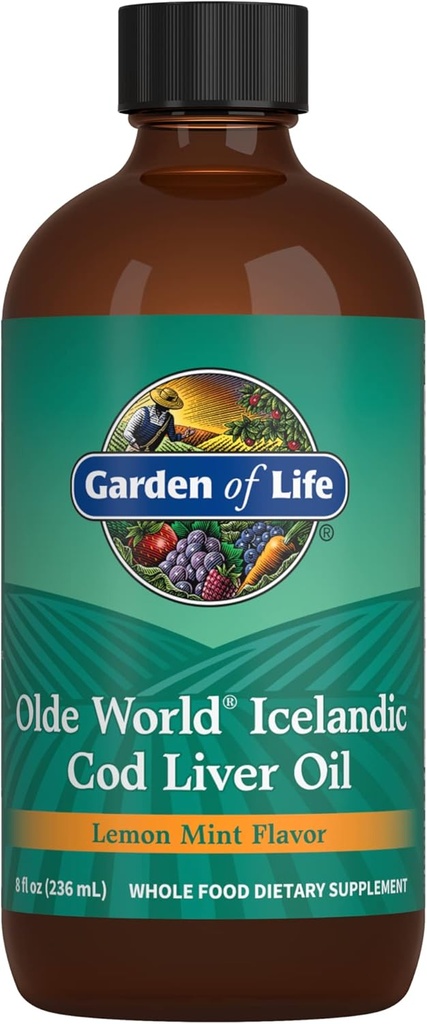 Garden of Life Olde World Icelandic Cod Liver Oil Liquid - Lemon Mint Flavor - 1000mg Omega 3 Huile de poisson, acides gras, EPA, DHA, vitamine D & A, suppléments CLO pour la santé cardiaque, 47 portions