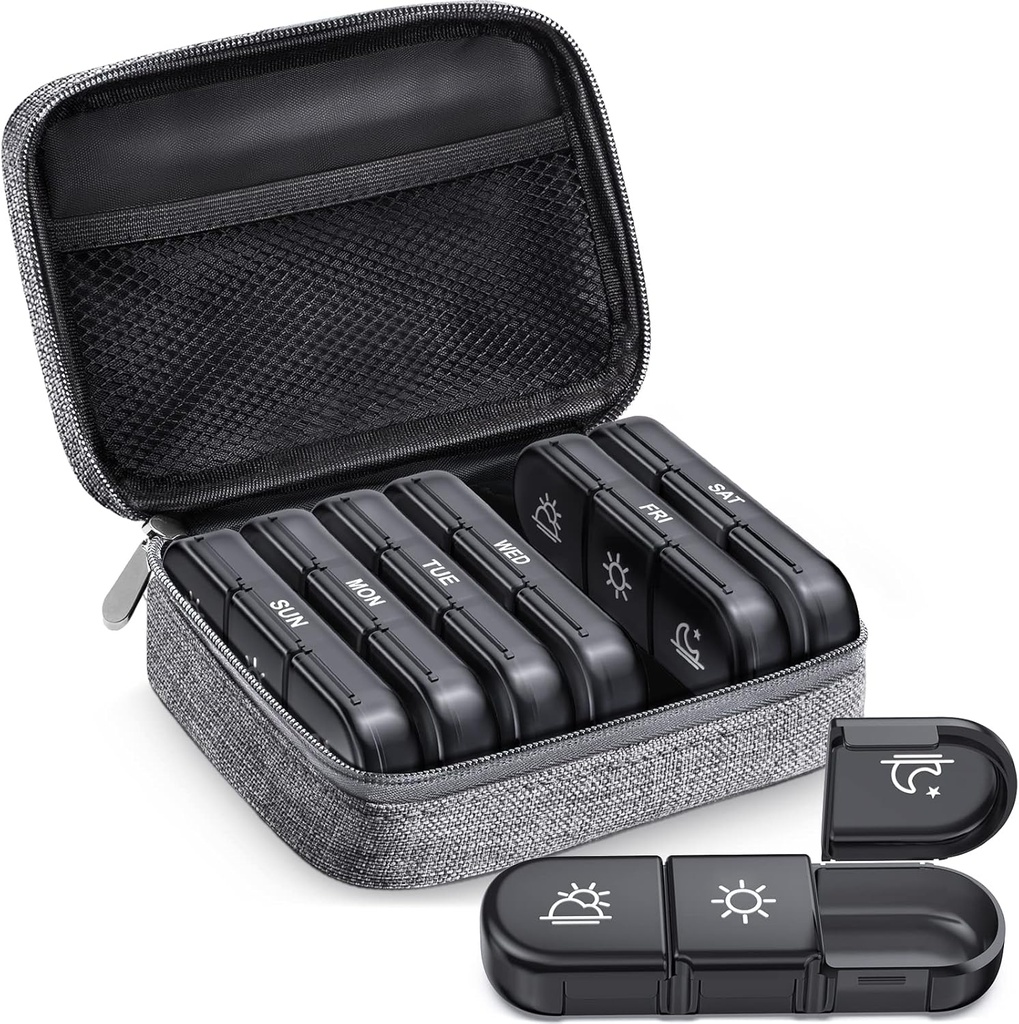 ZIKEE Large Weekly Pill Case Organizer 3 fois par jour, Portable Light Proof Sac Pill Box 7 Jour pour protéger votre vie privée et de magasin médicaments, vitamine, huile de poisson, supplément (Grey)