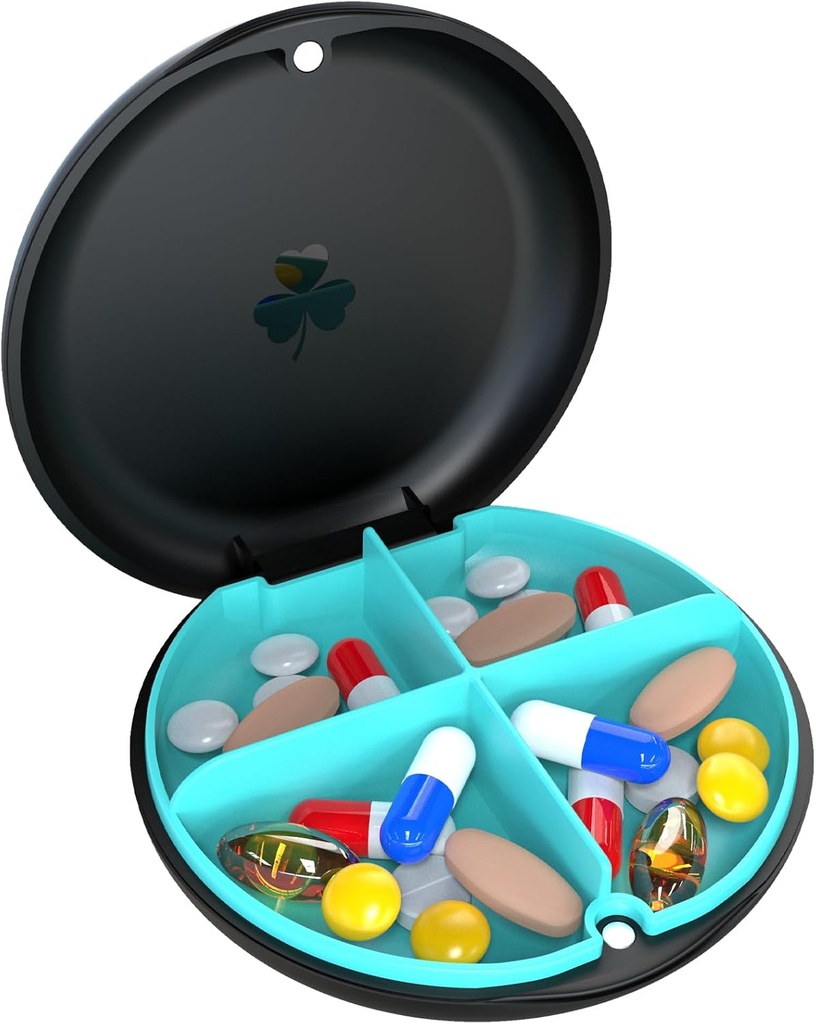 4 Compartiment petite boîte à pilules, cas de pilule de preuve d'humidité, organisateur de pilules de voyage pour la purée de poche, boîte quotidienne de vitamine de médecine portable, boîte à huile de poisson, boîte de supplément (noir + cyan)