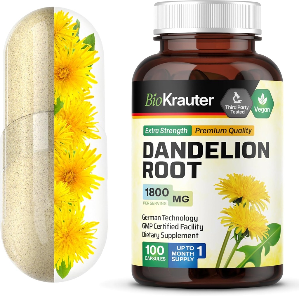 BIO KRAUTER Capsules de racine de dandelion - 1800 mg Résistance - 100 Compte - Supplément de racine de dandelion - Capsules végétaliennes pour le soutien du foie
