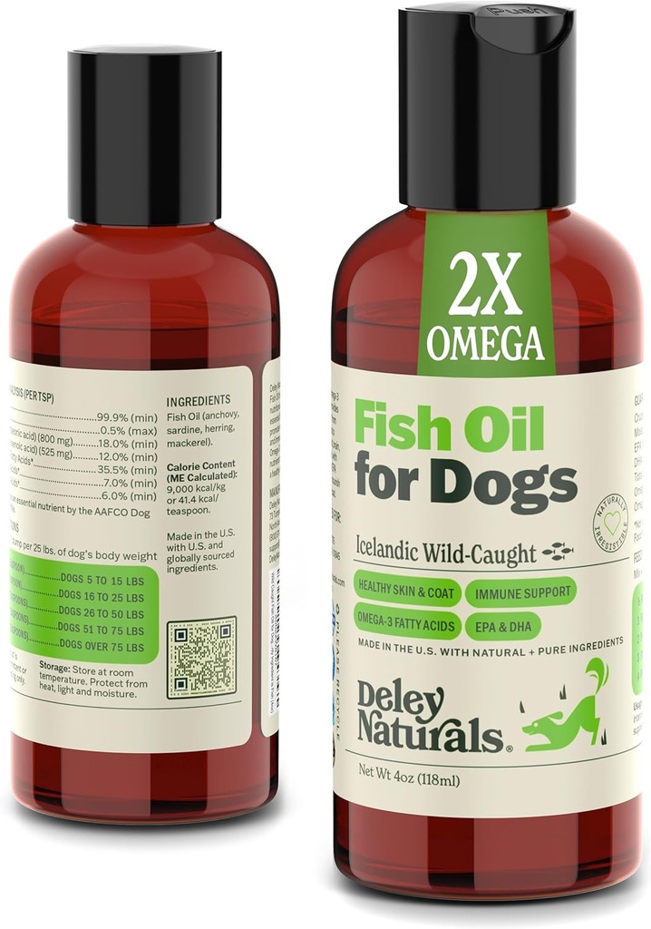 Deley Naturals Huile de poisson de chien Islande 2X Omega - Démangeaison de la peau avec Omega 3 6 9 pour Allergies, Coat & Coeur - Omega 3 Huile de poisson pour chiens Irritation de la peau - 4oz Huile Omega pour chiens fabriqués aux États-Unis