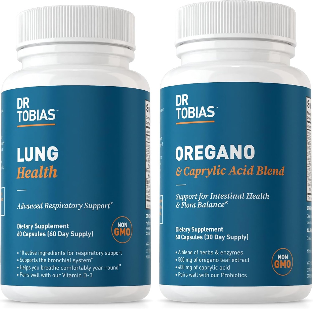Dr Tobias Lung Health et Oregano & Caprylic Acid Blend, soutient le nettoyage pulmonaire et la désintoxication, la santé intestinale, le soutien immunitaire avec prébiotiques et herbes pour les femmes et les hommes