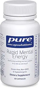 Encapsulations pures Énergie mentale rapide - Supplément mémoire végane pour soutenir la santé du cerveau - Extrait Ginkgo Biloba, Alpinia Galanga et Extrait Ginseng américain - Non-OGM et sans gluten - 30 capsules
