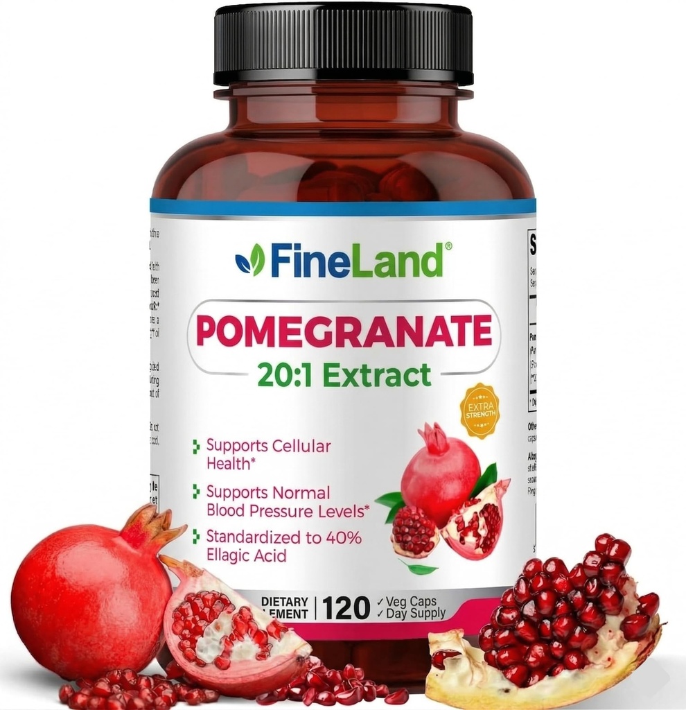 Extrait de grenade FineLand 20:1, 8 000 mg équivalent par portion, 40% acide ellagique normalisé, supplément antioxydant pour la santé cellulaire et l'ADN, 120 Capsules de Veg, alimentation de 4 mois