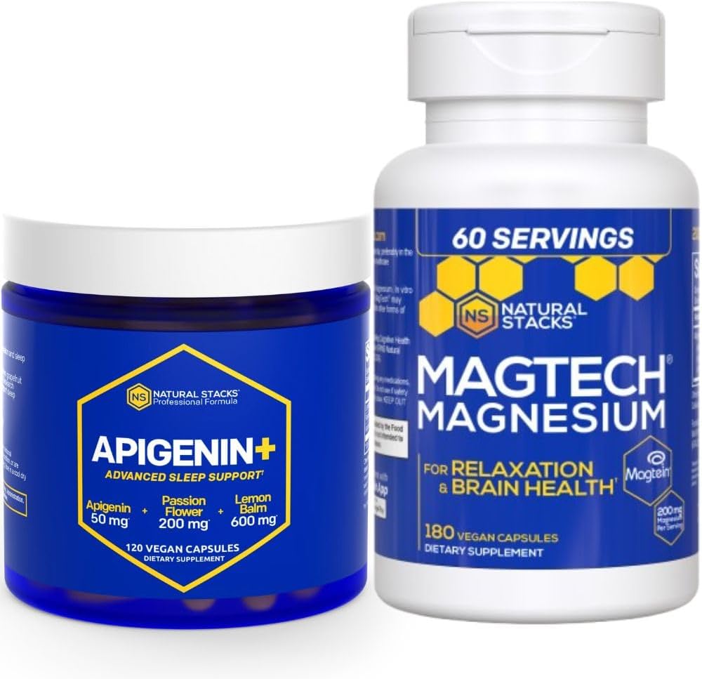STACKS NATURELS Apigenin pour Sleep + Magtech Supplément Magnésium - Soutiens Sommeil et Santé du cerveau* - 300 Capsules Total