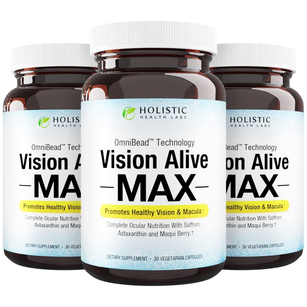 Holistic Health Labs Vision Alive Max with 8 Natural Ingredients Lutemax® 2020, Bilberry, Blueberries, c3g de Currant Noir, Maqui Berry, Safran et Astaxanthin (30 comtes (paquet de 3))