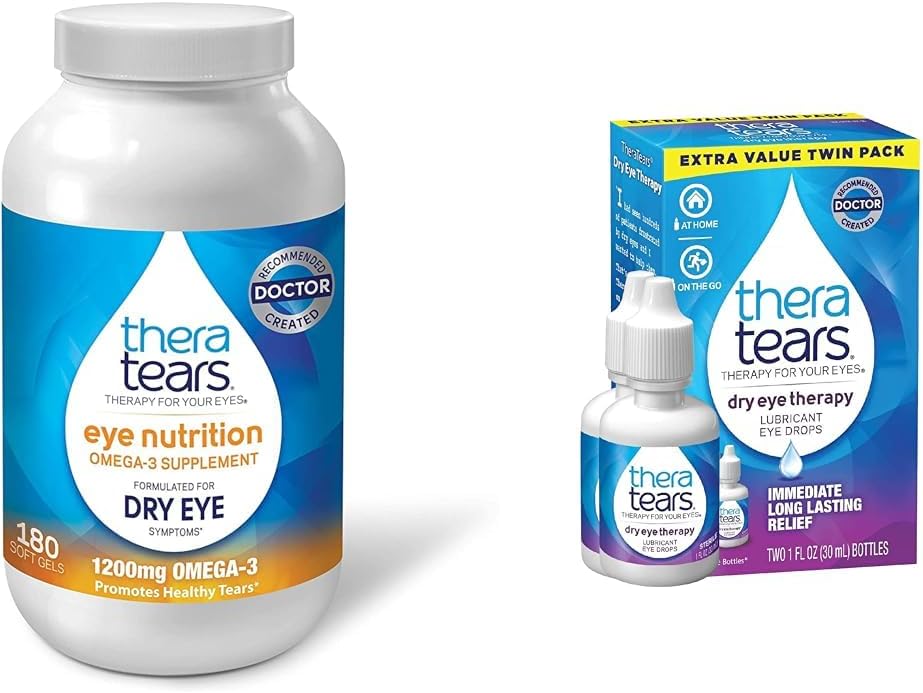TheraTears 1200mg Omega 3 Supplément pour la nutrition des yeux, Triglycéride de lin biologique Huile de poisson et vitamine E, 180 Compte et traitement des yeux secs gouttes lubrifiantes pour yeux secs, 1 fl oz bouteille Twin Pack