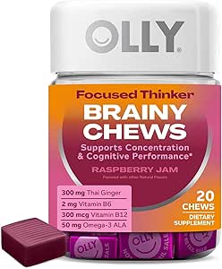 Le penseur de l'OLLIE Brainy Chews, Omega-3 ALA, Vitamines B6 & B12, Plus Extrait de gingembre thaïlandais pour le soutien de l'alerte, de la concentration et de la performance cognitive, végétarien, framboise, 20 comte