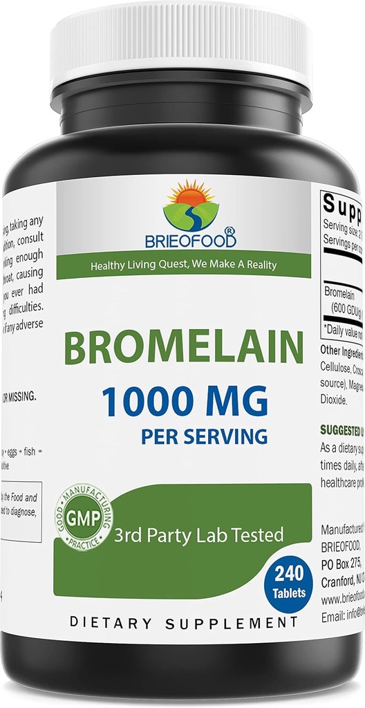 Brieofood Bromelain 1000mg par portion 240 comprimés - Enzyme digestif protéolytique - Soutient une digestion saine, la santé articulaire, l'absorption nutritive