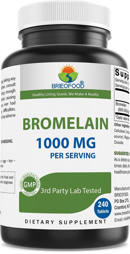 Brieofood Bromelain 1000mg par portion 240 comprimés - Enzyme digestif protéolytique - Soutient une digestion saine, la santé articulaire, l'absorption nutritive