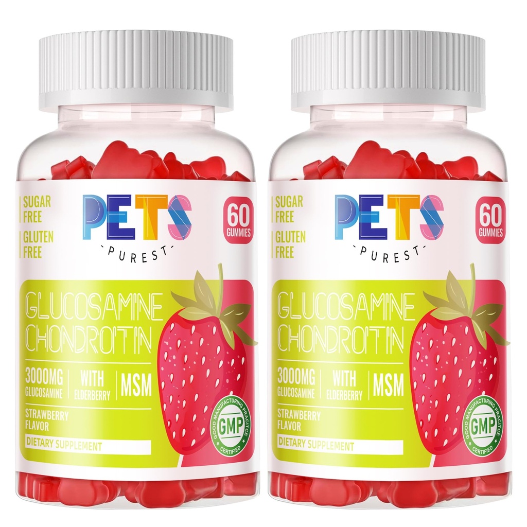Animaux de compagnie Glucosamine Purest Chondroitin Gummies avec MSM & Elderberry Extra Strength - Joint Support, Antioxydant Immune Support Supplément pour Adultes, Hommes et Femmes.(2 Pack) Fraise