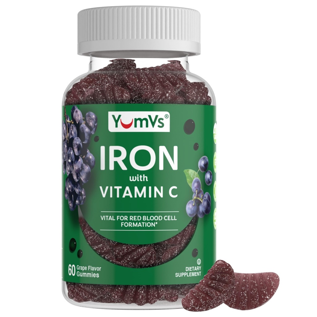 Supplément de gommies de fer avec vitamine C – Supplément de fer de 10 mg – Gommies de raisin de grande dégustation – Soutient la santé immunitaire et aide avec la carence en fer – Vegan, Kosher, non-OGM – 60 Compte