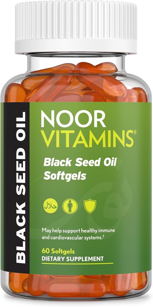 Noor Vitamines Capsules d'huile de graines noires halales, Vitamines halales, 1000 mg d'huile de graines noires de Nigella Sativa, Thymoquinone, Non-OGM, Sans gluten, 60 Compte