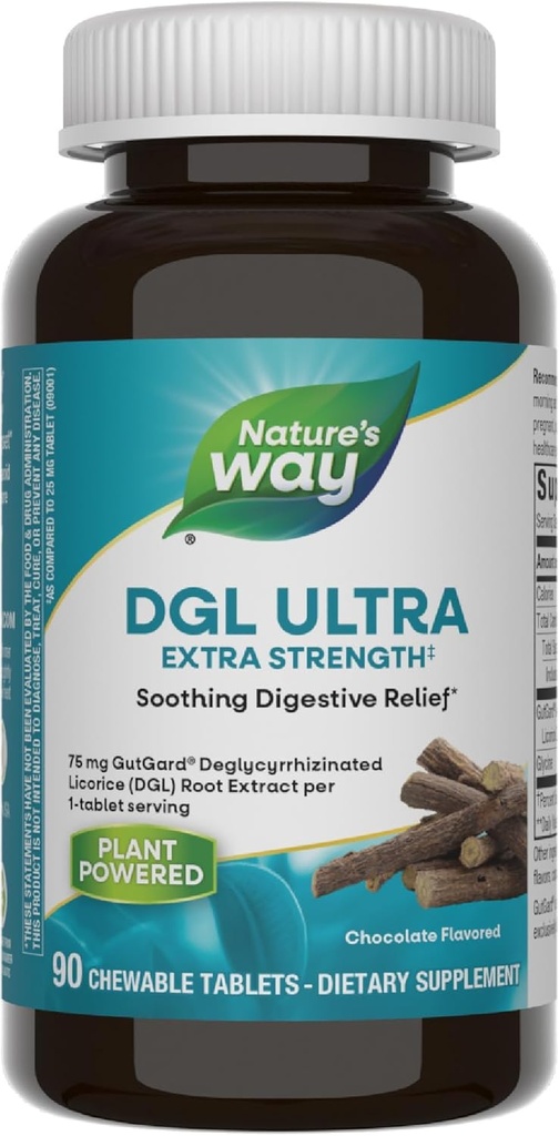 Nature's Way DGL Ultra Extra Strength**, Extrait de racine de réglisse premium, Relief digestif apaisant*, avec Gutgard, Vegan & Gluten Free, Saveur de chocolat, 90 comprimés à croquer (paquetage mai Vary)