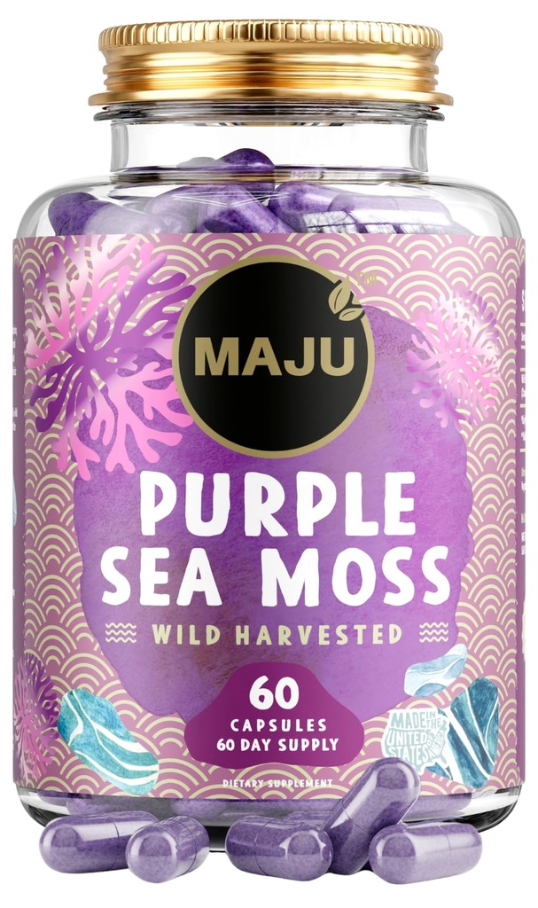 Capsules de mousse de mer pourpre puissante de MAJU (60 ct), Extra-Strength Purple Minerals, Chondrus Crispus, plus forte que le gel, Comparer à Capsule de Seamoss Irish biologique, Pilules en poudre récoltées sauvages