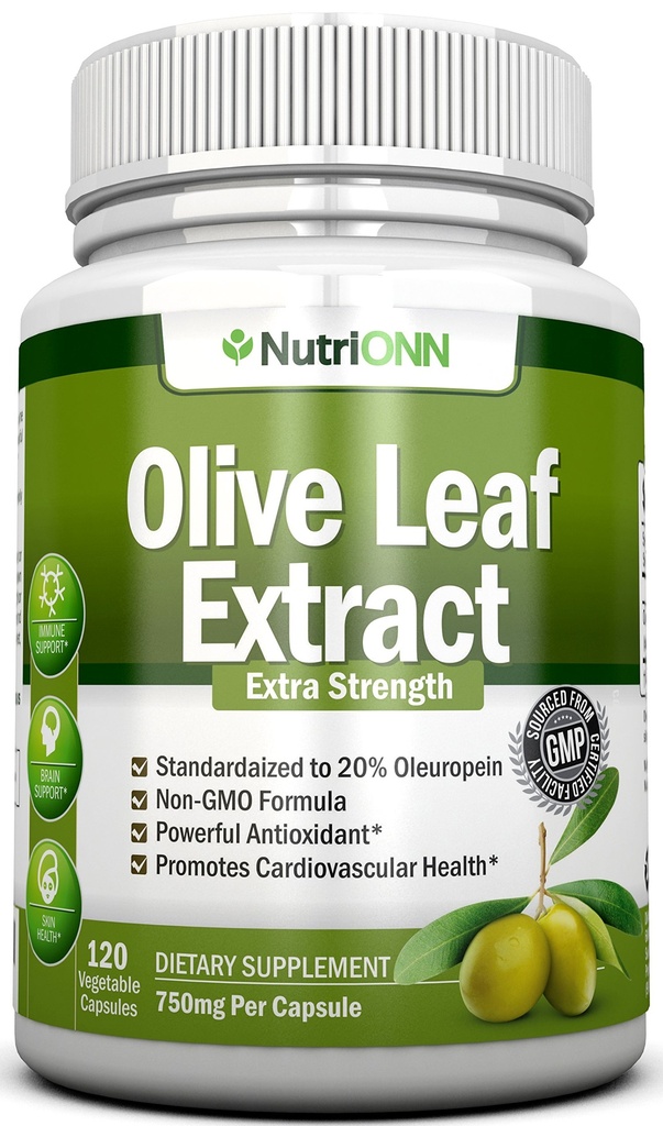 Extrait de feuille d'olive - 750 Mg - 120 Capsules - Extra Strength - 20% Oleuropein - Formule non-OGM - Qualité Premium des feuilles d'olive pures - puissant antioxydant - Idéal pour le cœur, la peau et le cerveau