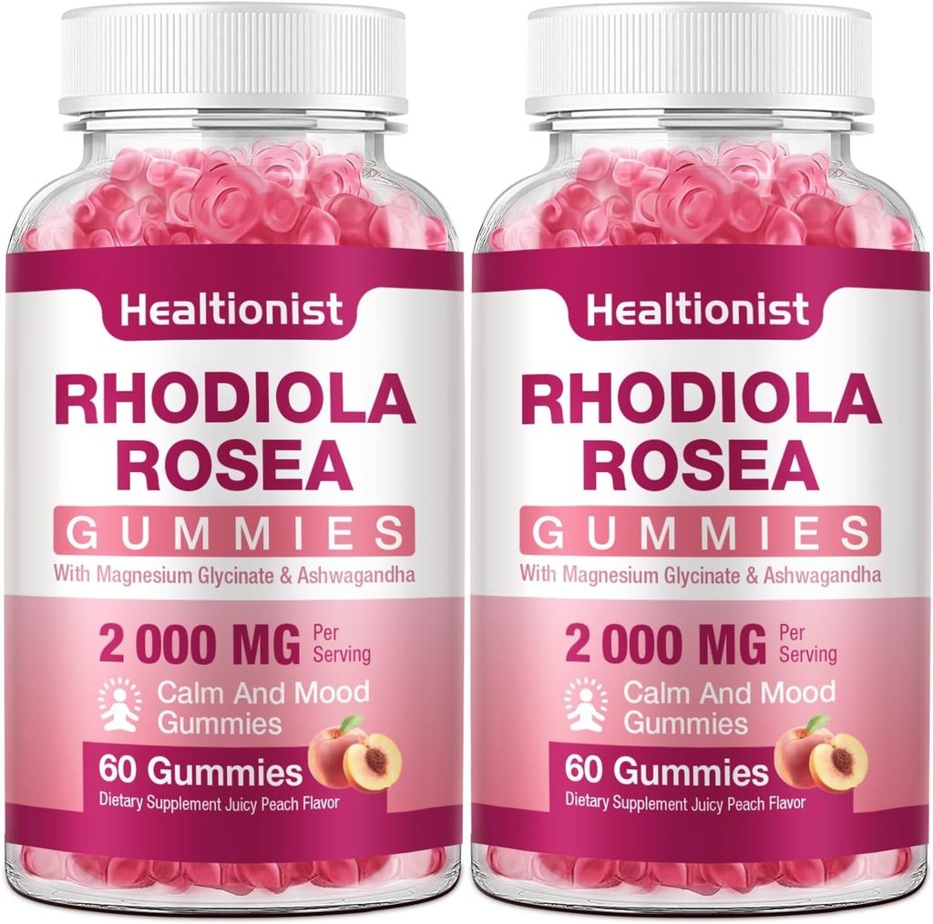 2 Packs sans sucre Rhodiola Rosea Gummies Adaptogène Rhodiola Rosea Supplément et bloqueur de cortisol pour la performance, l'endurance, l'humeur et la motivation - Non-OGM, 120 Végétaliens Chews