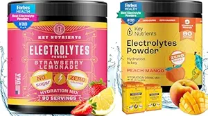 NUTRIENTS CLÉS Electrolyte Power Duo: Mango de pêche tropicale et citronnade de fraise juteuse – Hydratation et endurance, Zéro sucre et calories – 180 portions