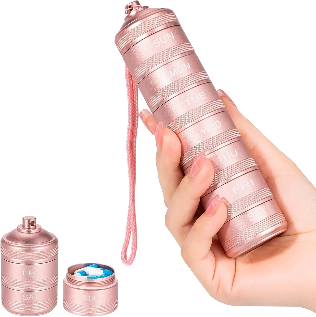Organisateur de pilules métalliques de 7 jours - Boîte à pilules vitaminiques imperméables, contenant quotidien de pilules 7 compartiments, contenants hebdomadaires de pilules pour suppléments de médicaments Huile de poisson, rose