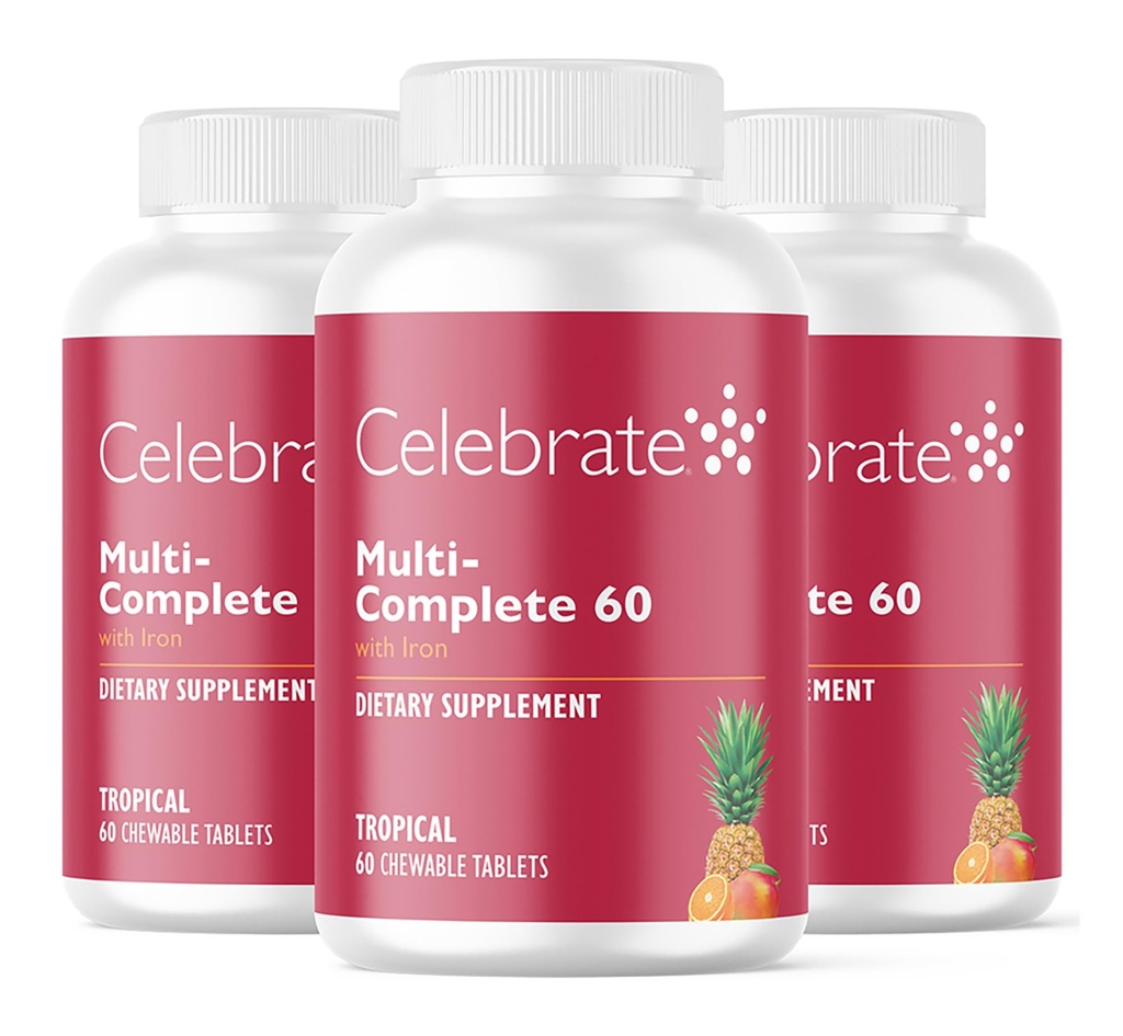 Célébrez les vitamines Multi-Complete Chewables, 60mg Fer – Multivitamine bariatrique quotidienne pour la gastrectomie des manches et la chirurgie gastrique – Vitamines et minéraux essentiels - Tropical (180 comprimés)