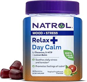 Natrol Mood+ Stress Relax+ Day Calm Gummies for Occasional Stress, Tropical Fruit Punch, 60 comte, 60 jours d'approvisionnement