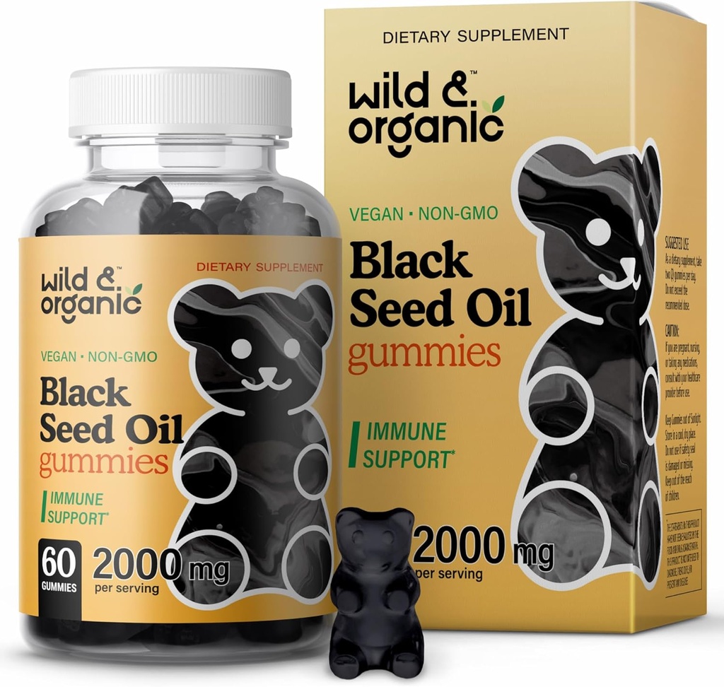 Huile de graines noire sauvage et biologique Gommies 2000mg - Peau de cheveux et ongles Support avec huile de cumin - Nigella Sativa - Gommies de graines noires pour l'immunité - 60 Omega 3 6 9 Chews