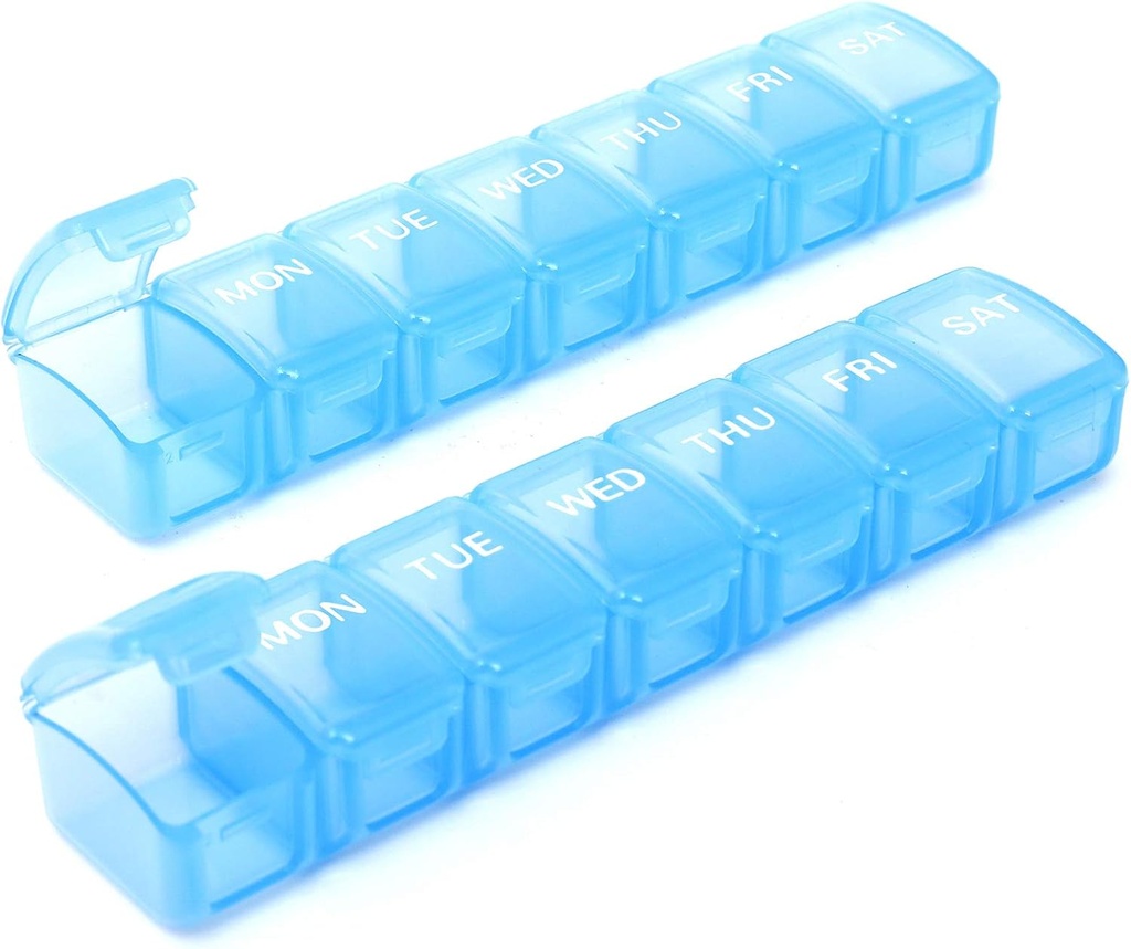 2 packs Petit organisateur hebdomadaire de pilules, boîte quotidienne de pilules pour pilules/vitamine/huile de poisson/compléments (bleu)