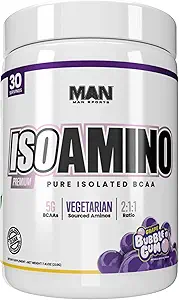 Homme Sports ISO-Amino Pure Isolated BCAAs - Bâtir le muscle maigre - Acides aminés à chaîne ramifiée en poudre - Keto BCAA - Accélérer la récupération - 210 Grams, 30 portions - Bubble de raisin