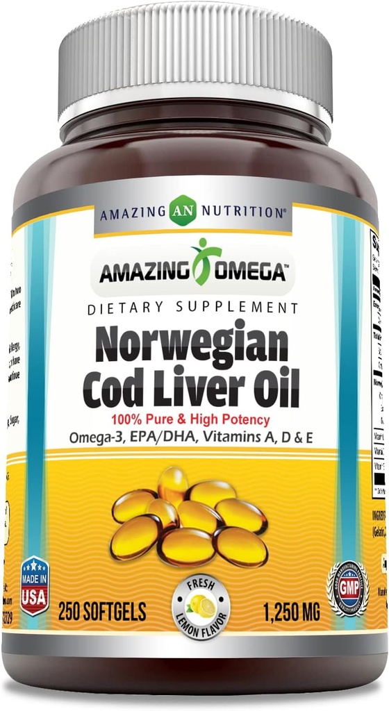 Amazing Omega Norwegian Cod Liver Oil 1250 Mg softgels Supplement.