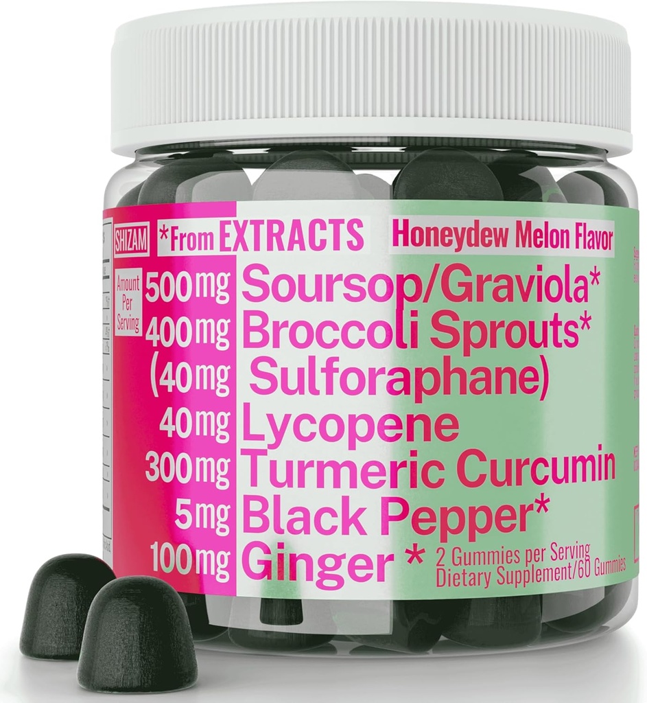 Sourop Graviola Curcumine Lycopène Brocoli Sprouts Sulforaphane Extract Gummies with Turmeric Curcumine Ginger Black Pepper, Sour Sop Guyabano Leaf Supplement, Chew Chew Chewable Pills Capsules Suppléments