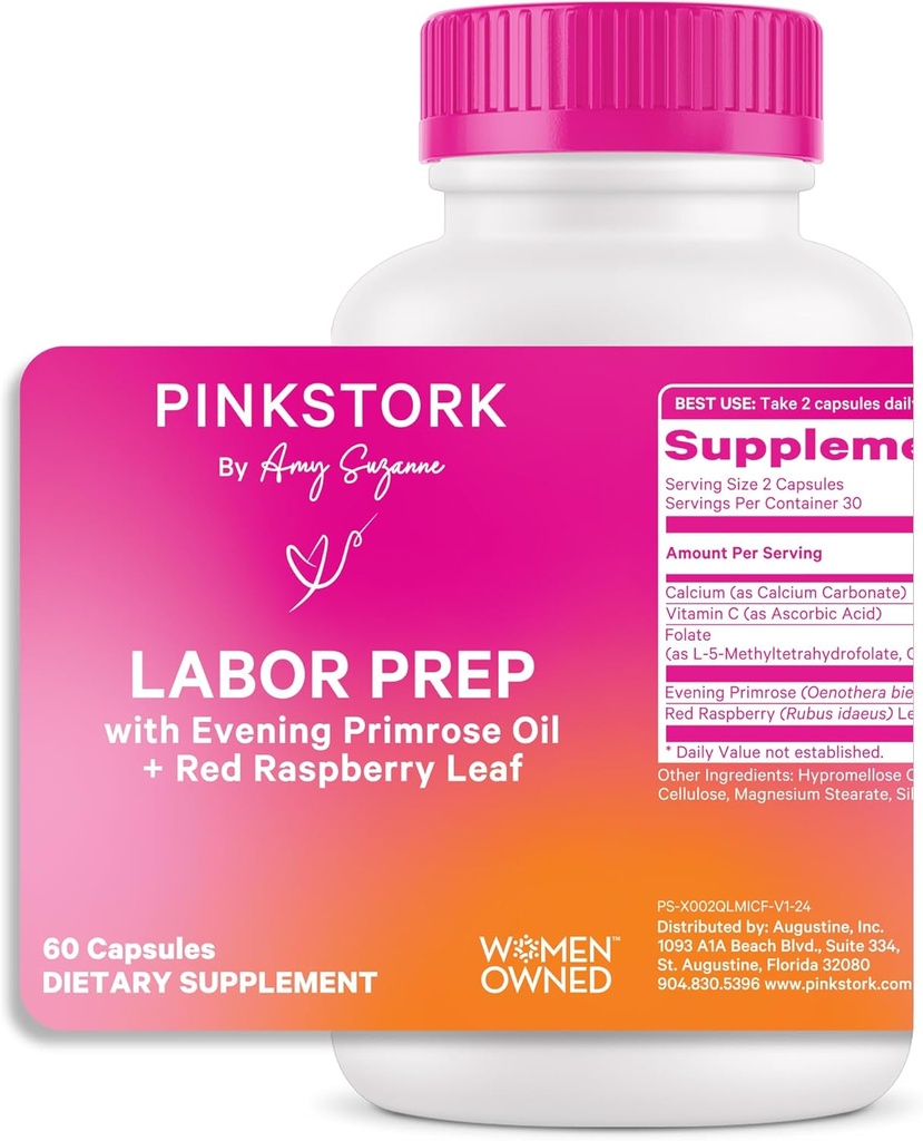 Pink Stork Labor Prep Supplément – Huile de Primrose du soir et feuille de framboise rouge pour troisième trimestre, travail doux et soutien postpartum, grossesse et allaitement sans danger, 60 capsules végétaliennes