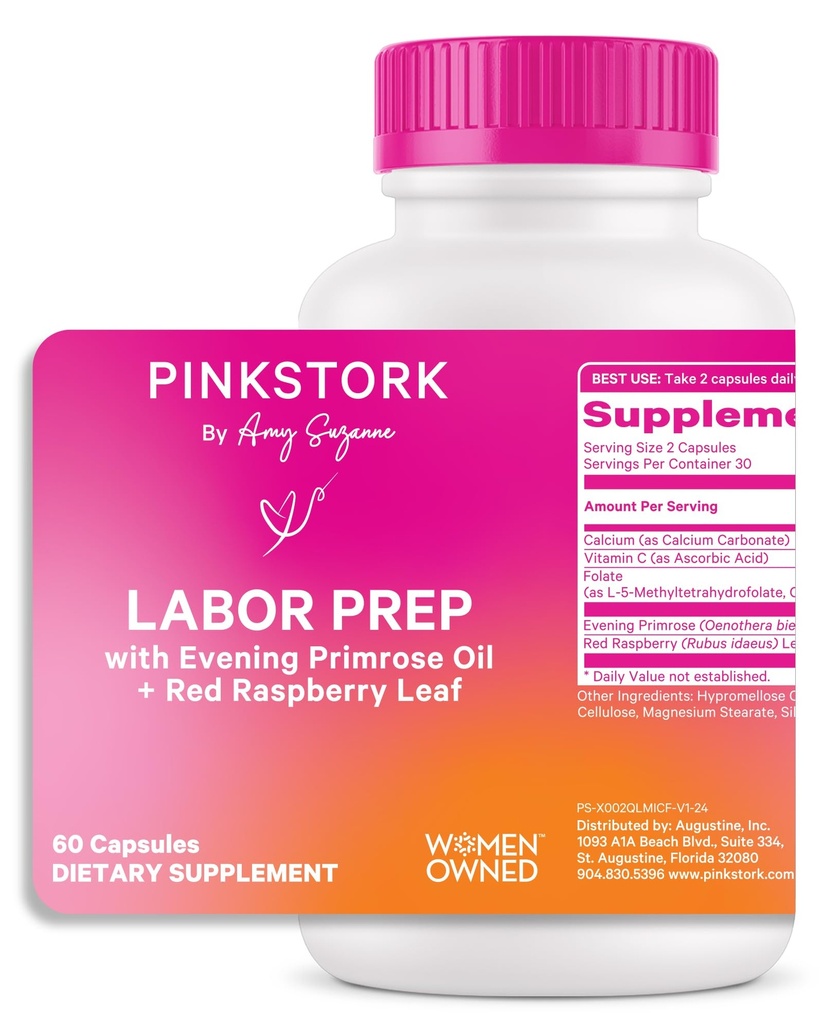 Pink Stork Labor Prep Supplément – Huile de Primrose du soir et feuille de framboise rouge pour troisième trimestre, travail doux et soutien postpartum, grossesse et allaitement sans danger, 60 capsules végétaliennes