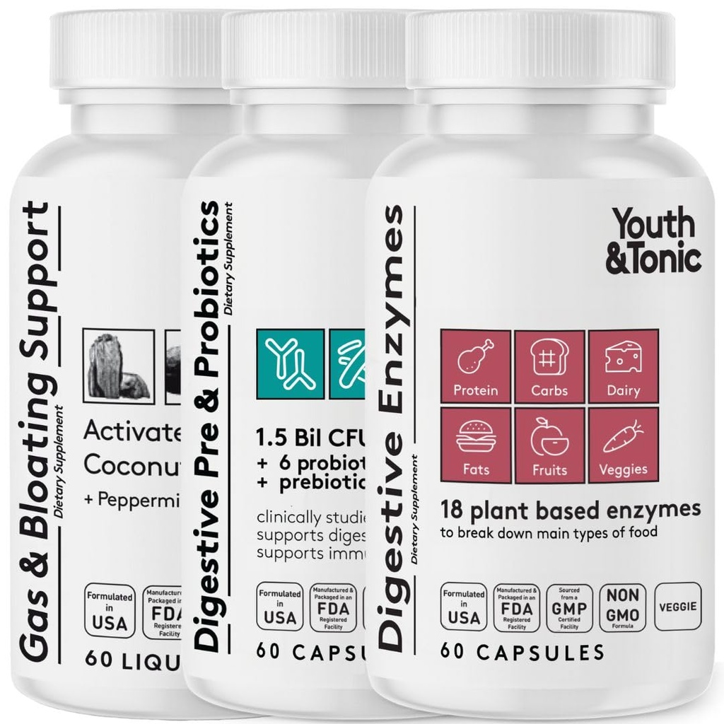Youth & Tonic Digestion Stomach Support & Detox for Regularity, Gas & Bloating & Gut Health. All Types Digestive Enzymes Probiotics & Prebiotics Charcoal Peppermint & Organic Coconut Oil 180 Pills