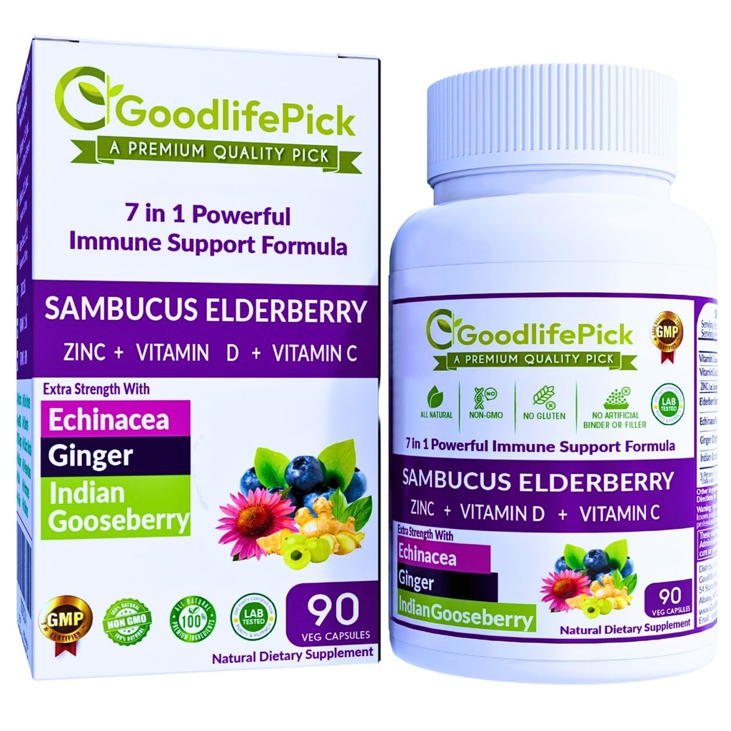 7 sur 1 Elderberry avec ZINC, Vitamine C, Vitamine D, Echinacea, Ginger et Gooseberry indien (Amla). Capsules Premium Elderberry 90 ct, toutes naturelles, non-OGM, vegan, pas de poudre de riz, sans gluten