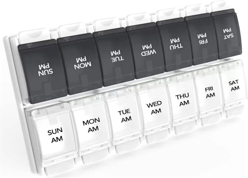 Sukuos AM PM Hebdomadaire 7 jours Pill Organizer, 2 fois par jour Pill Box with Arthritis Friendly Push Button, boîtes de médicaments pour les vitamines / huile de poisson / suppléments, facile à nettoyer (noir et blanc)