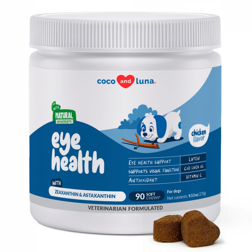 Support pour les yeux pour chiens - 90 Soft Chews - Suppléments pour chiens pour la vision, Vitamines pour les yeux pour chiens, avec huile de foie de morue antioxydant, supplément Oméga chien, Oméga 3 EPA et acides gras DHA.