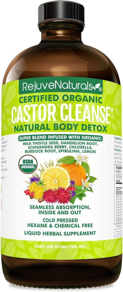 RejuveNaturals Castor CleanseTM - USDA Huile de ricin biologique, Chlorella, Spiruline, Racines et Verts pour le bien-être, Soutien digestif, Bilan quotidien. 3-Mois d'approvisionnement Gut Cleanse Detox pour les femmes et les hommes - 16oz.
