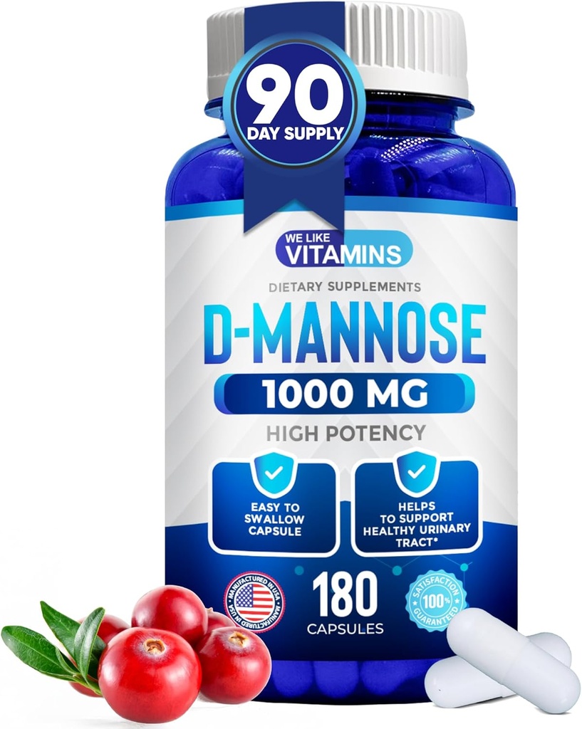 Nous aimons les vitamines D-Mannose 1000mg Capsules - 180 Capsules Veggie faciles à avaler - Supplément de mannose de canneberge D aide à soutenir la santé de la vésicule et du trac urinaire