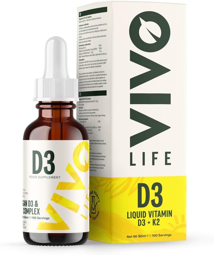 Vivo Life - Vitamine D3 K2, 50ml gouttes complexes liquides, 2000iu de D3, supplément santé végétalien pour les hommes et les femmes, 100 portions